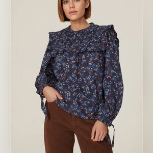 Sea New York Navy Floral Smocked Ruffle Blouse Size M